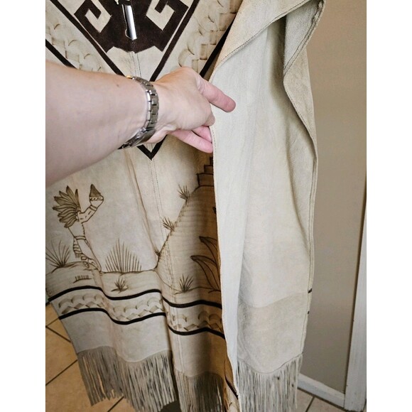 Mexican Vintage Suede Leather Fringe Poncho Pyrography Native Aztec Cape Costume - Picture 7 of 11